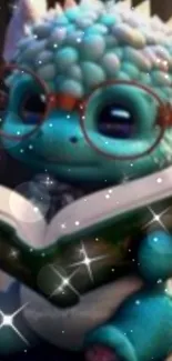 Cute dragon with glasses reading a book, surrounded by sparkling lights.