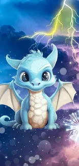 Cute blue dragon with lightning storm background.