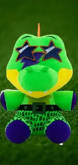 Green dragon plush toy with stars on a grassy background wallpaper.