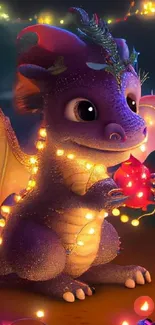 Purple dragon wrapped in fairy lights with festive background.