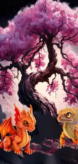 Colorful dragons beneath a cherry blossom tree in a fantasy setting.