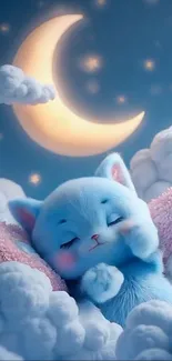 A cute blue kitten sleeping in clouds under a crescent moon.
