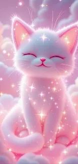 Cute pink cat surrounded by dreamy clouds and sparkles.