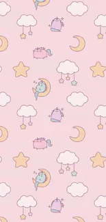 Pink wallpaper with unicorns, stars, and clouds in pastel colors.