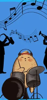 Cartoon character drumming with jazz musicians on a blue background.