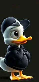 Cartoon duck in a dark hoodie on a black background.