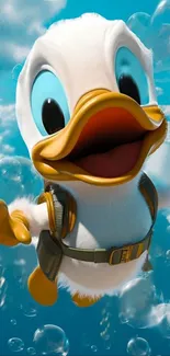 Cheerful animated duck with bubbles in blue sky.