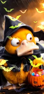 Cute cartoon duck in Halloween witch costume with bats and pumpkin bucket.