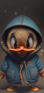 Cute duck in a hoodie with a dark brown background wallpaper.