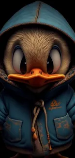 Cute duck in a blue hoodie with a black background.