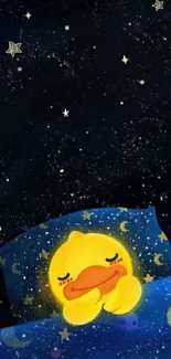 Charming mobile wallpaper of a cute duck sleeping under a starry night sky.