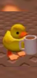 Cartoon duckling holding a coffee mug on a brown surface.