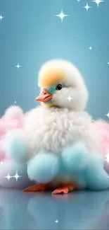 Fluffy duckling in pastel clouds on a blue background.