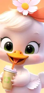Cute cartoon duck holding a drink with a flower accessory.