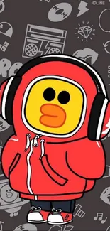 Cartoon duck in red hoodie with headphones on gray background.