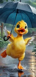 Adorable duck with blue umbrella in the rain.