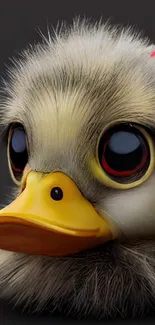 Close-up of fluffy duckling with large eyes on a dark background.