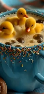 Yellow ducklings in a frothy blue cup with sprinkles and bubbles.