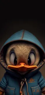 Cartoon duckling in a blue hoodie with a dark background.