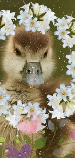 Adorable duckling with floral frame and raindrops.