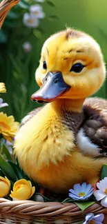 Cute duckling in a basket surrounded by flowers.