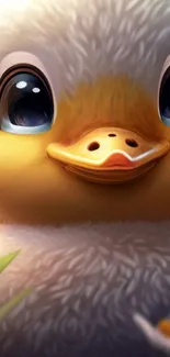 A close-up of a fluffy duckling with bright eyes in a mobile wallpaper.