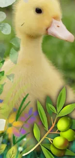 Cute duckling among flowers and green leaves in a vibrant nature wallpaper.