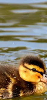 Adorable duckling swimming on a tranquil lake.