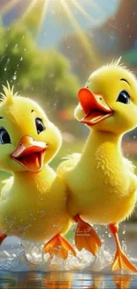 Adorable yellow ducklings playing in sunlit water.