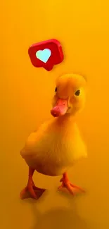 Adorable duckling with a red love bubble on bright yellow background.