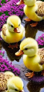 Ducklings in a pond amid blooming purple flowers on wallpaper.