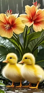 Yellow ducklings with hibiscus flowers in a garden.