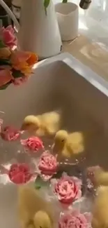 Cute ducklings and pink roses in a kitchen sink.