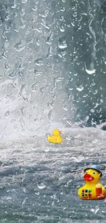 Cartoon rubber ducks in a waterfall setting mobile wallpaper.