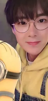 Smiling person with a cute Minion character.