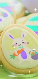 Easter bunny cookie on colorful background.