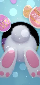 Fluffy bunny with Easter eggs in pastel colors mobile wallpaper.