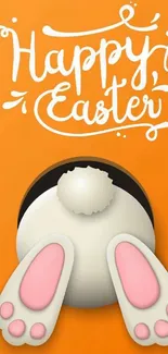 Happy Easter wallpaper with bunny tail on orange background.