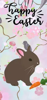 Adorable Easter bunny with pastel flowers and birds on a festive background.