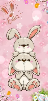 Cute Easter bunny illustration with floral accents on a pink background.