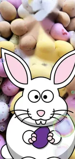 Cartoon Easter bunny with colorful eggs in background.