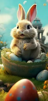 Adorable bunny sitting among colorful Easter eggs and flowers in a vibrant scene.