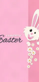 Happy Easter bunny with flowers on pink background mobile wallpaper.