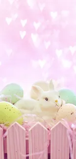 Cute Easter bunny with eggs on pink heart background.