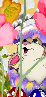 Cheerful bunny in Easter egg amidst blooming flowers.