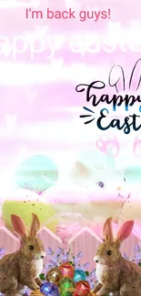 Cute Easter wallpaper with bunnies, pastel eggs, and pink background.