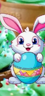 Cute Easter bunny with colorful egg and cupcakes.