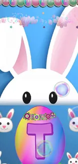 Easter bunny with colorful egg on blue background.