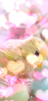 Easter chick surrounded by eggs and pink heart bokeh.