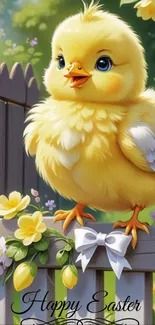 Cute Easter chick with flowers on a fence.